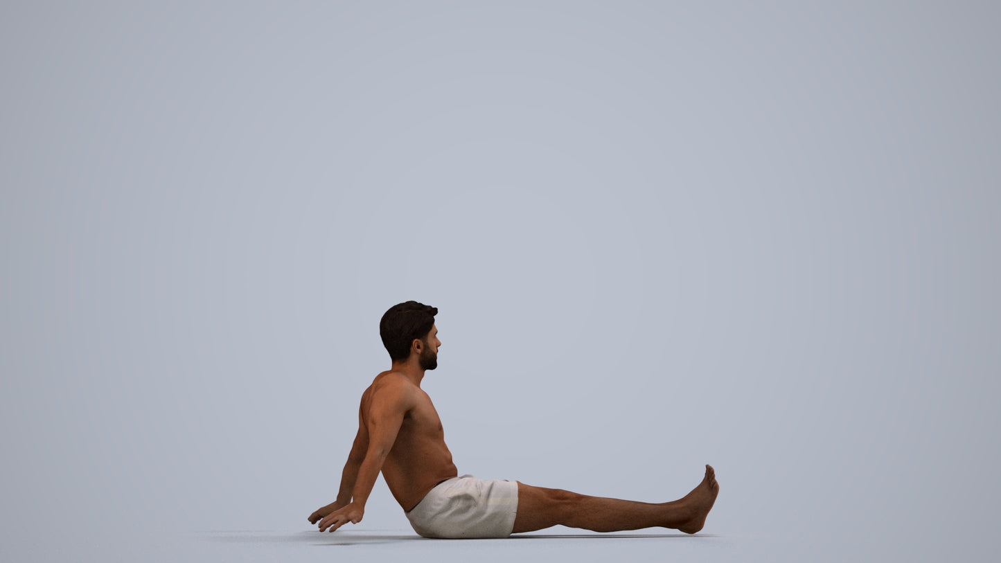 3D human model man pool, photogrammetry scanned person for archviz, side view render