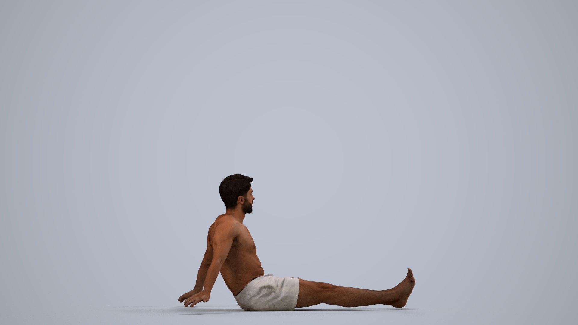 3D human model man pool, photogrammetry scanned person for archviz, side view render