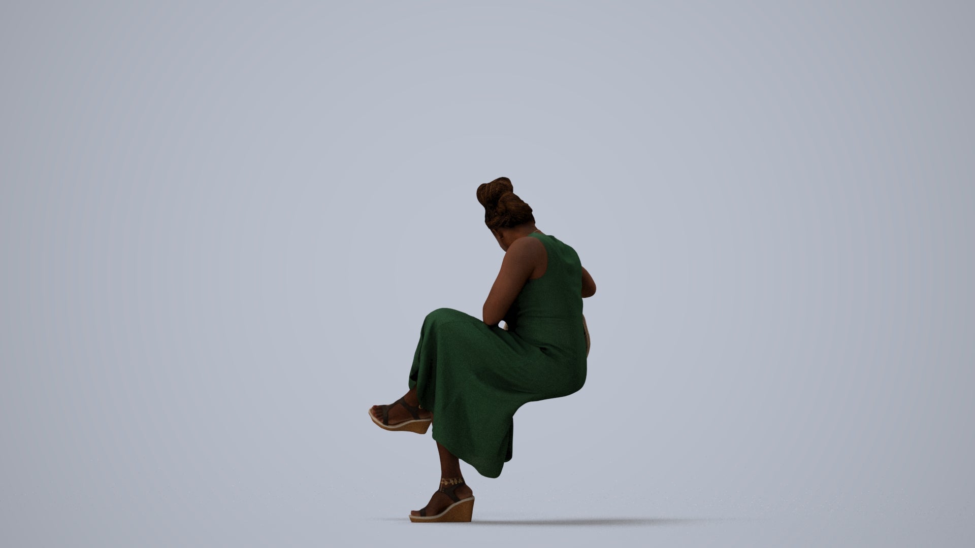 3D people model woman casual sitting, scanned human for 3ds Max rendering, three-quarter view render