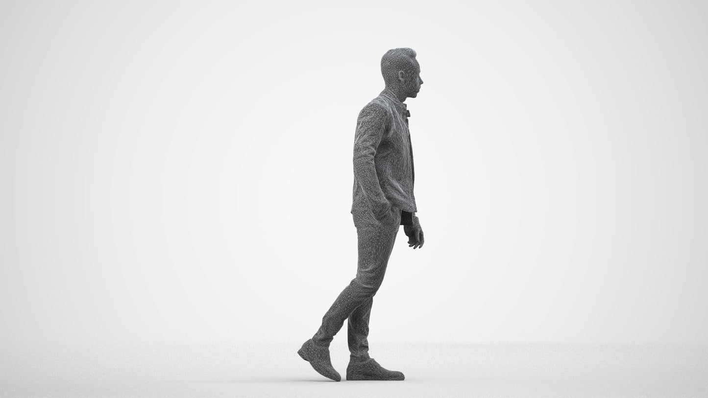 3D scanned man walking business, photorealistic archviz people for Enscape and SketchUp, wireframe side view
