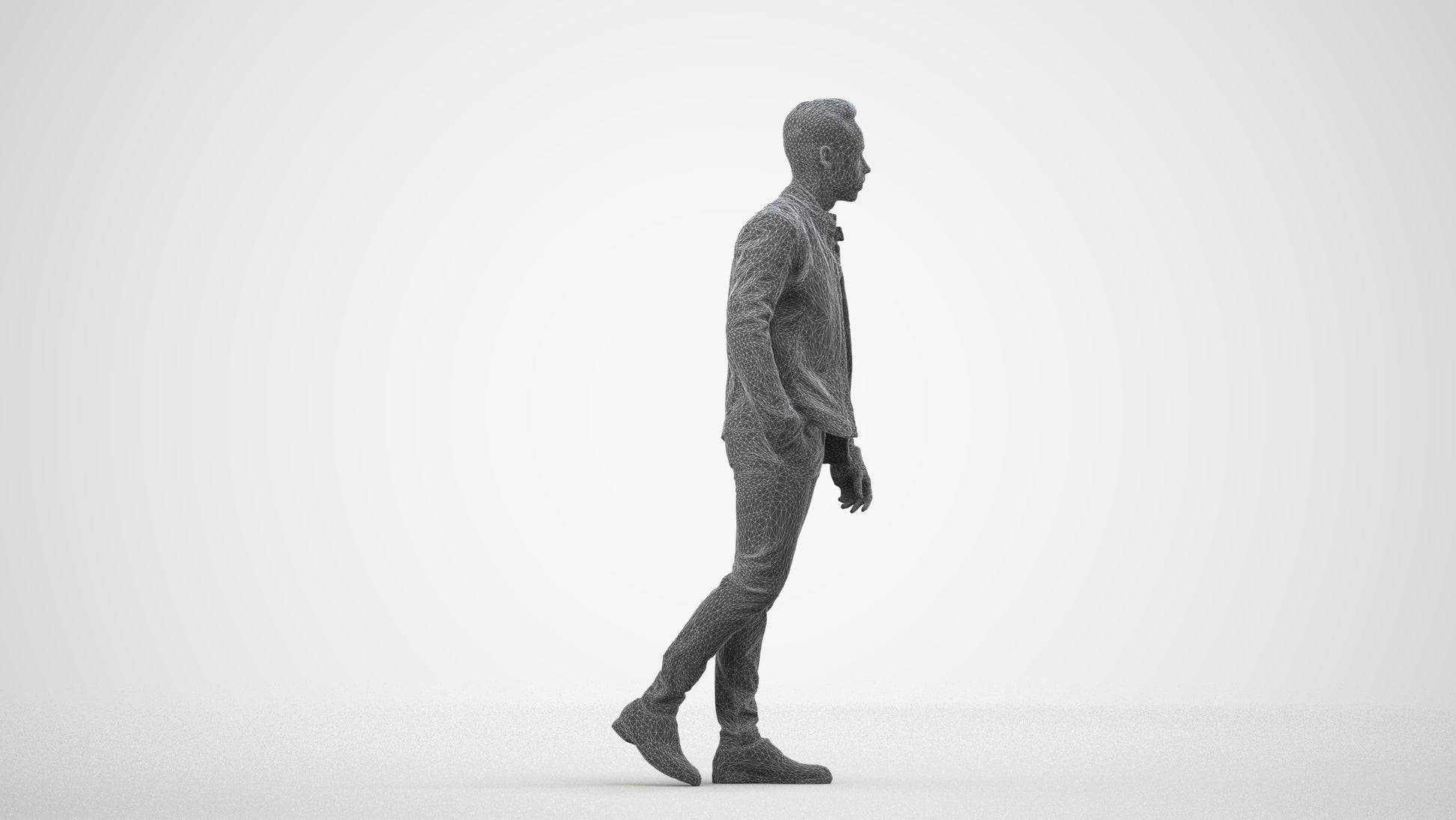 3D scanned man walking business, photorealistic archviz people for Enscape and SketchUp, wireframe side view
