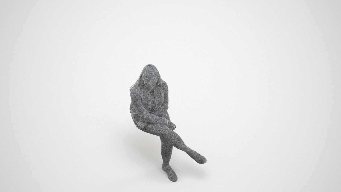3D human model woman casual sitting, photogrammetry scanned person for archviz, wireframe three-quarter view