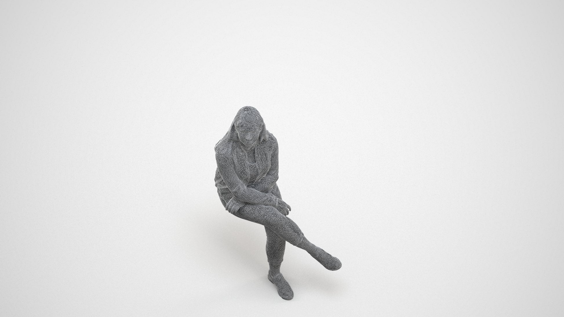 3D human model woman casual sitting, photogrammetry scanned person for archviz, wireframe three-quarter view