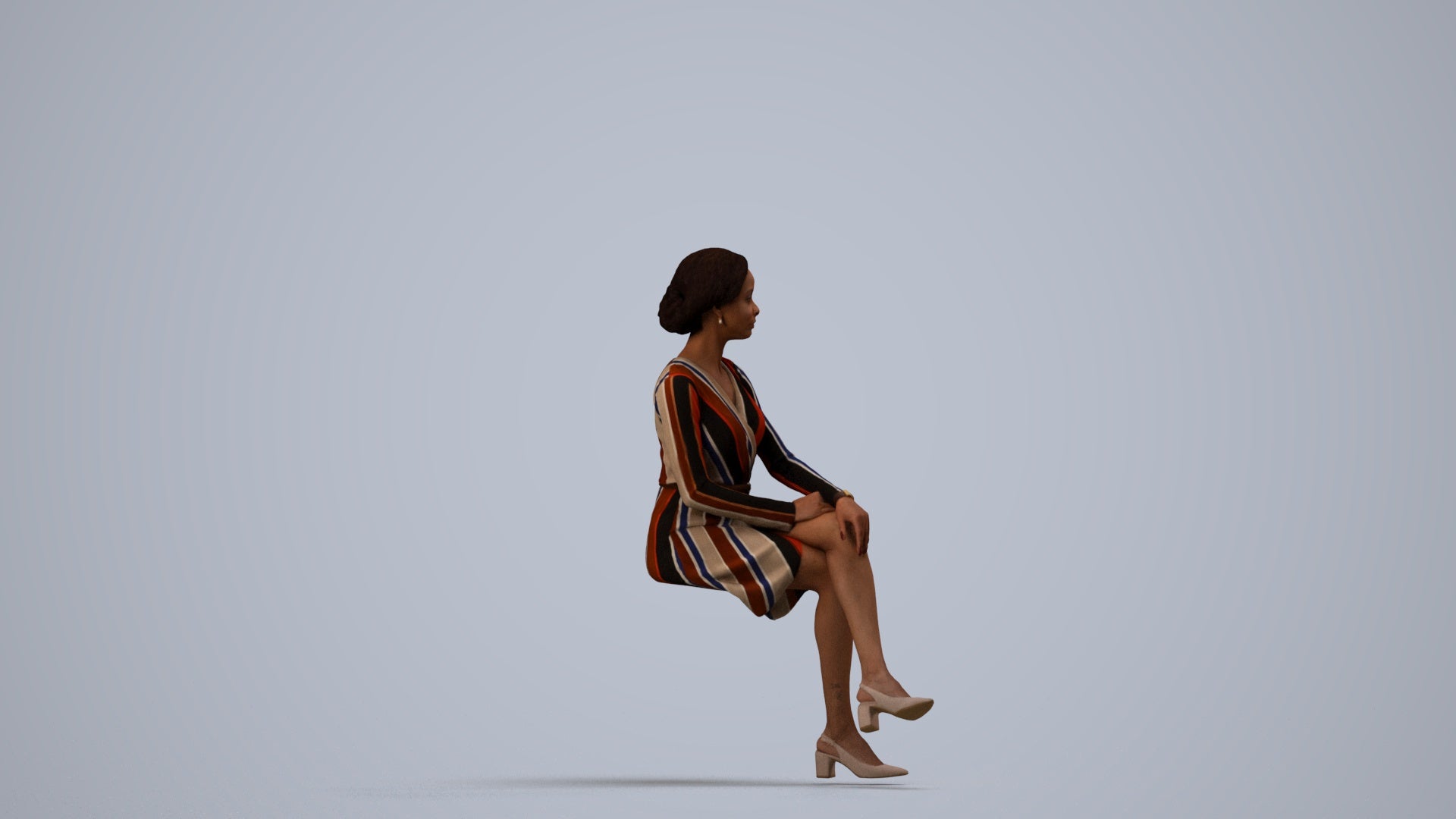 3D people model woman casual sitting, scanned human for 3ds Max rendering, side view render