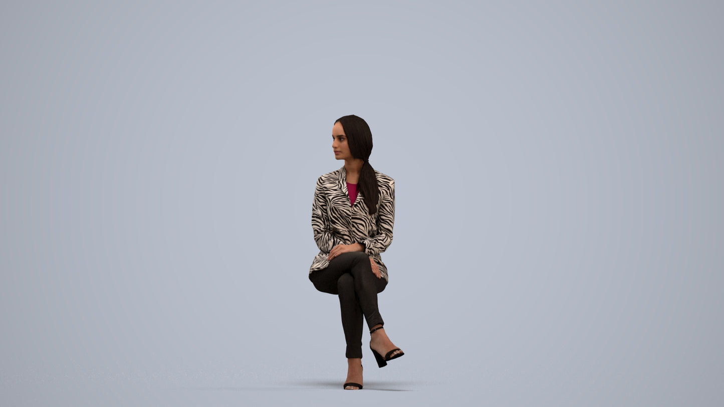3D scanned woman sitting business, photorealistic archviz people for Enscape and SketchUp, standing pose render