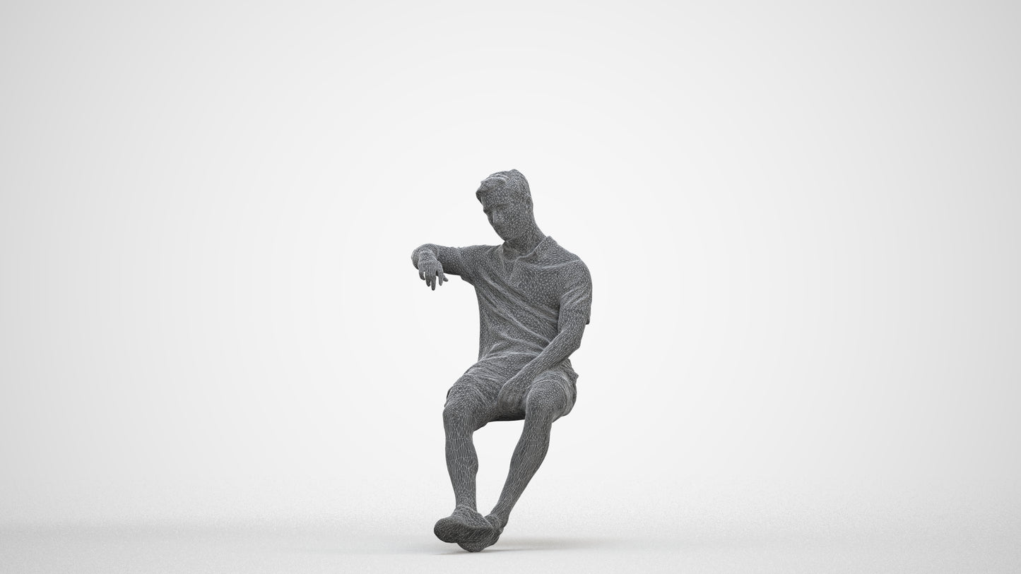 realistic 3D human man casual sitting, archviz people FBX OBJ for Blender, three-quarter front view render