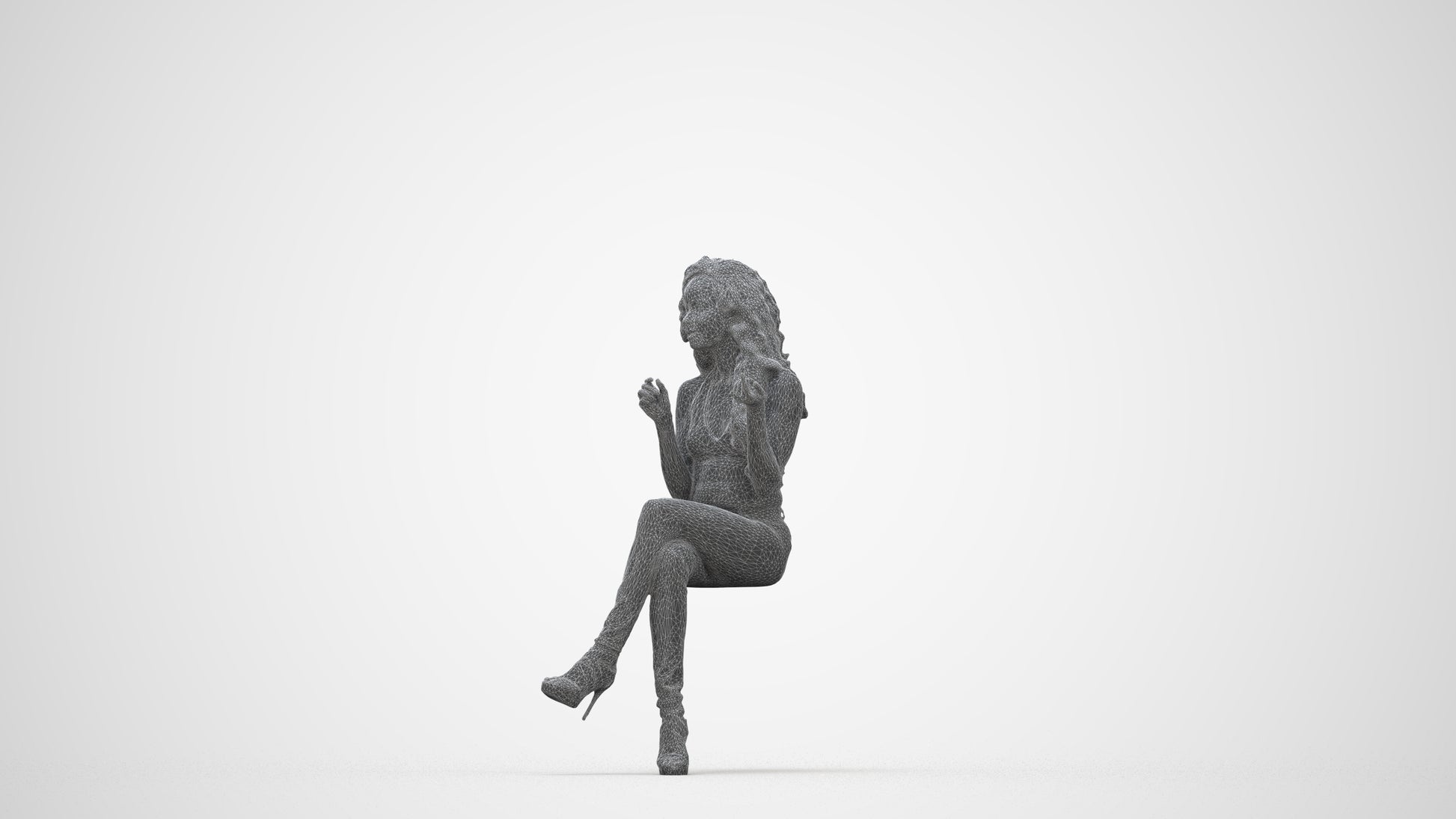 photogrammetry 3D woman casual sitting, realistic human model archviz FBX, wireframe back view