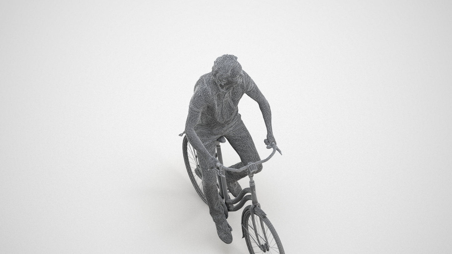 3D scanned man cycling casual, photorealistic archviz people for Enscape and SketchUp, wireframe three-quarter view
