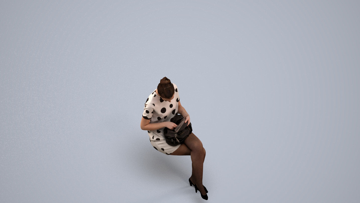 3D scanned woman sitting casual, photorealistic archviz people for Enscape and SketchUp, back view render