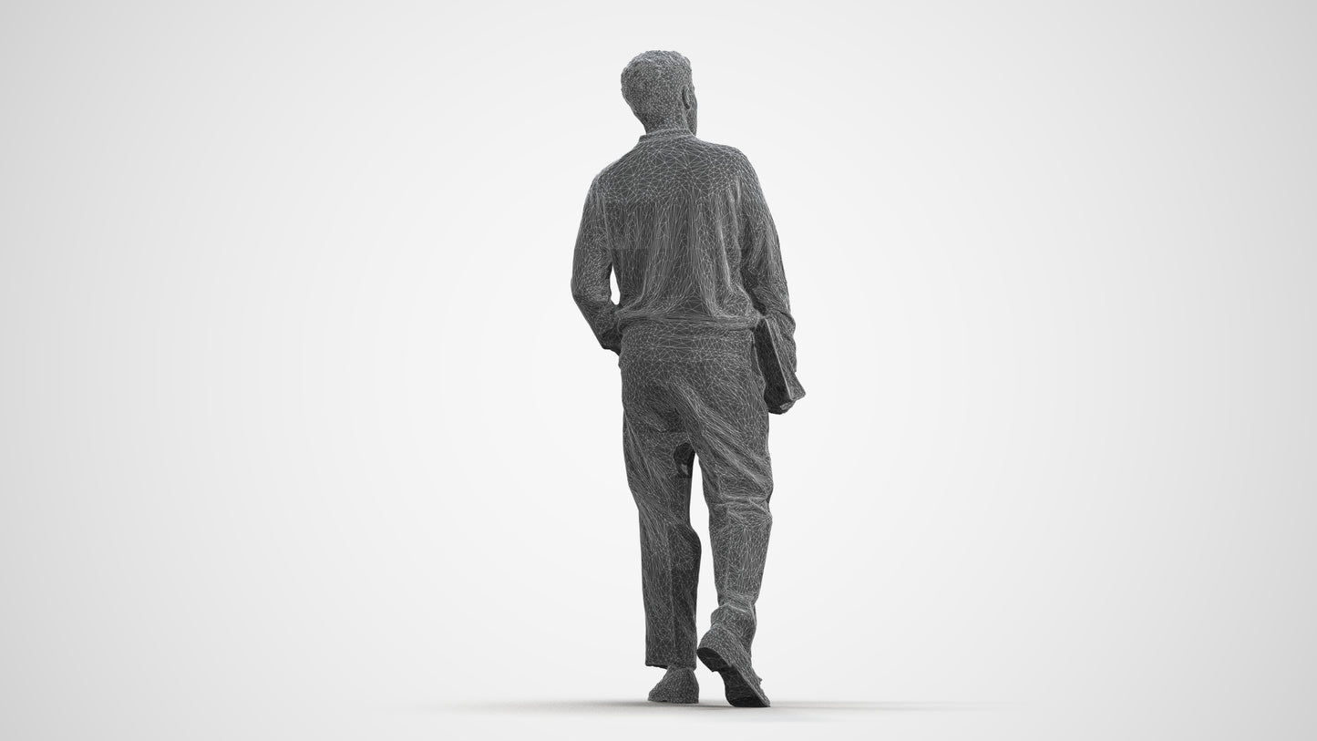 3D people model man casual walking, scanned human for 3ds Max rendering, wireframe front view