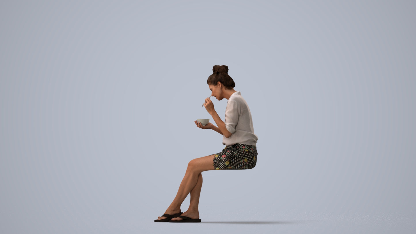 3D people model woman casual sitting, scanned human for 3ds Max rendering, three-quarter view render