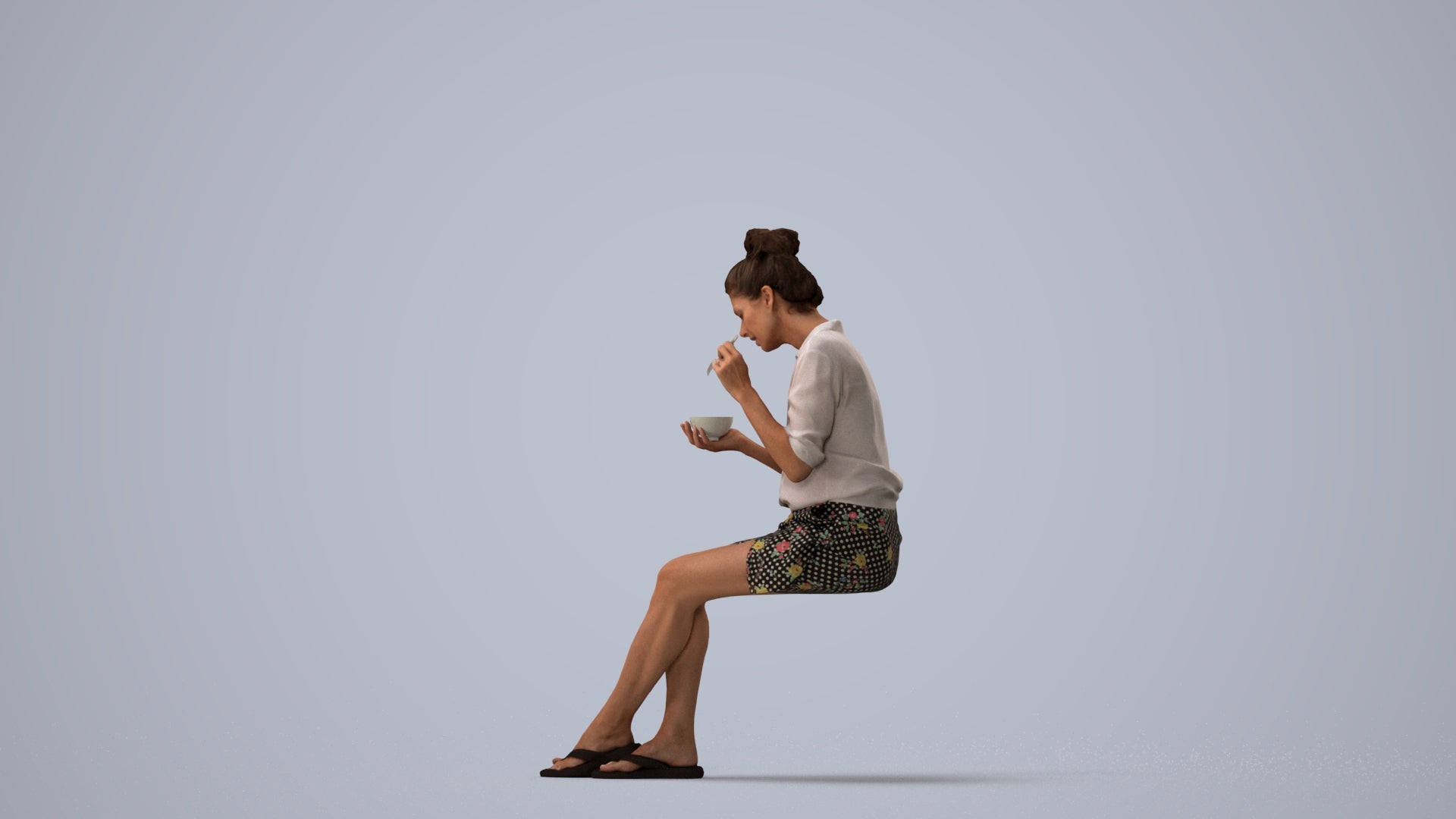 3D people model woman casual sitting, scanned human for 3ds Max rendering, three-quarter view render