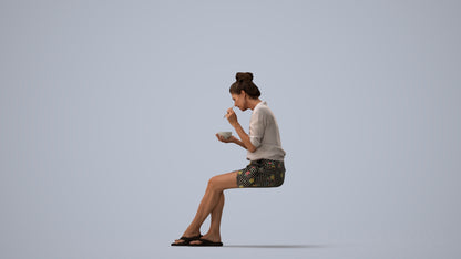 3D people model woman casual sitting, scanned human for 3ds Max rendering, three-quarter view render
