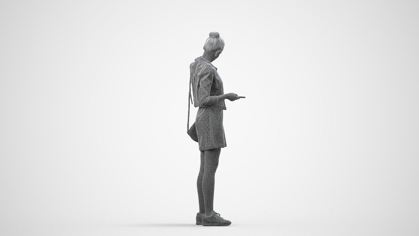 realistic 3D woman casual standing, scanned archviz people for Blender and 3ds Max, wireframe side view