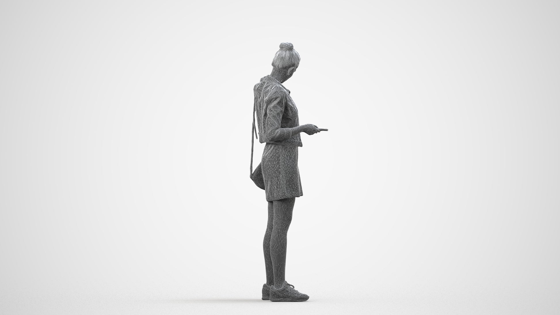 realistic 3D woman casual standing, scanned archviz people for Blender and 3ds Max, wireframe side view