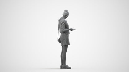 realistic 3D woman casual standing, scanned archviz people for Blender and 3ds Max, wireframe side view