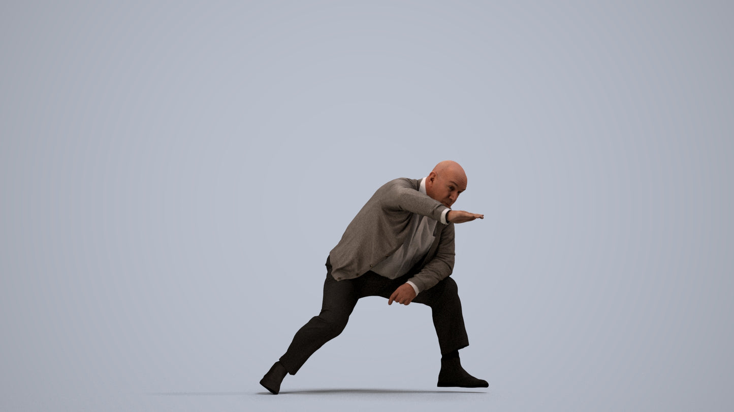 realistic 3D human senior man business standing, archviz people FBX OBJ for Blender, side view render