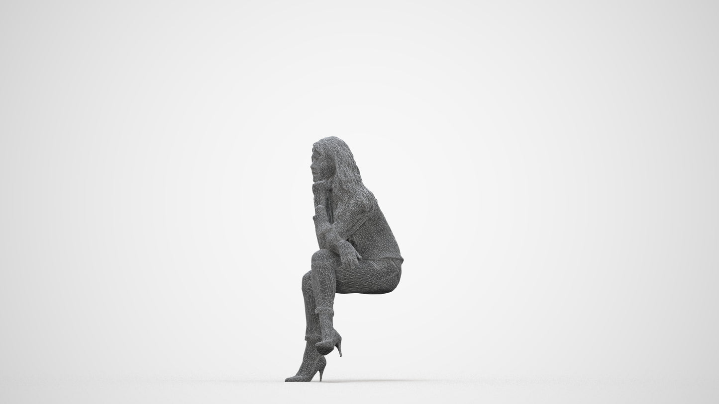 realistic 3D human woman casual sitting, archviz people FBX OBJ for Blender, wireframe back view