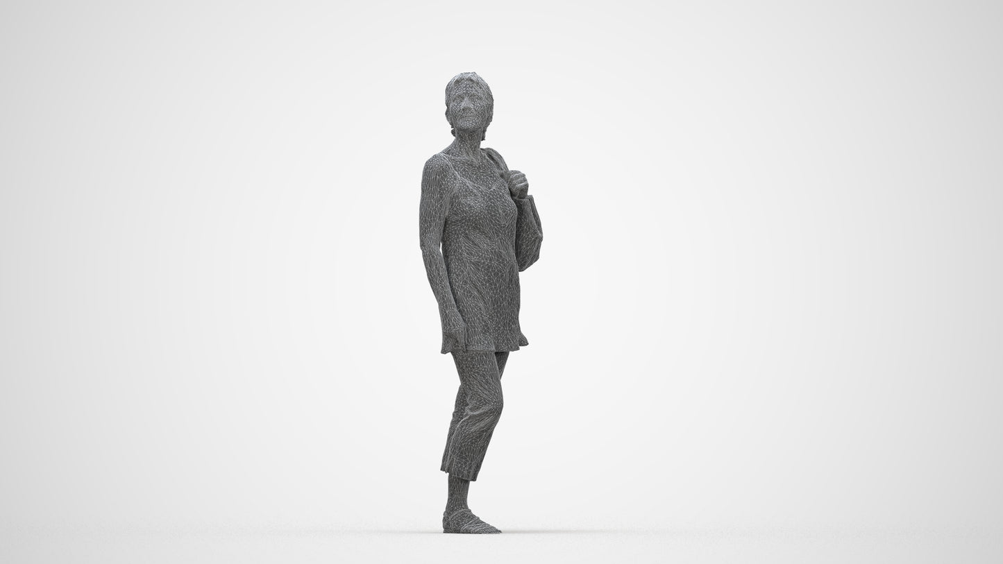 3D scanned senior woman standing casual, photorealistic archviz people for Enscape and SketchUp, wireframe back view