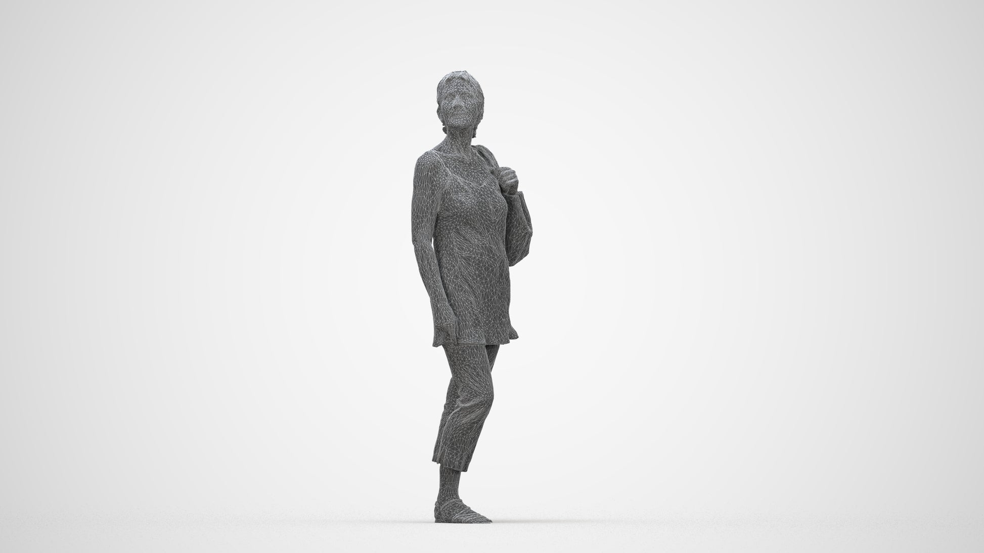 3D scanned senior woman standing casual, photorealistic archviz people for Enscape and SketchUp, wireframe back view