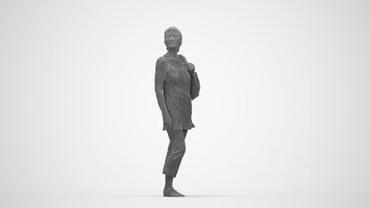3D scanned senior woman standing casual, photorealistic archviz people for Enscape and SketchUp, wireframe back view