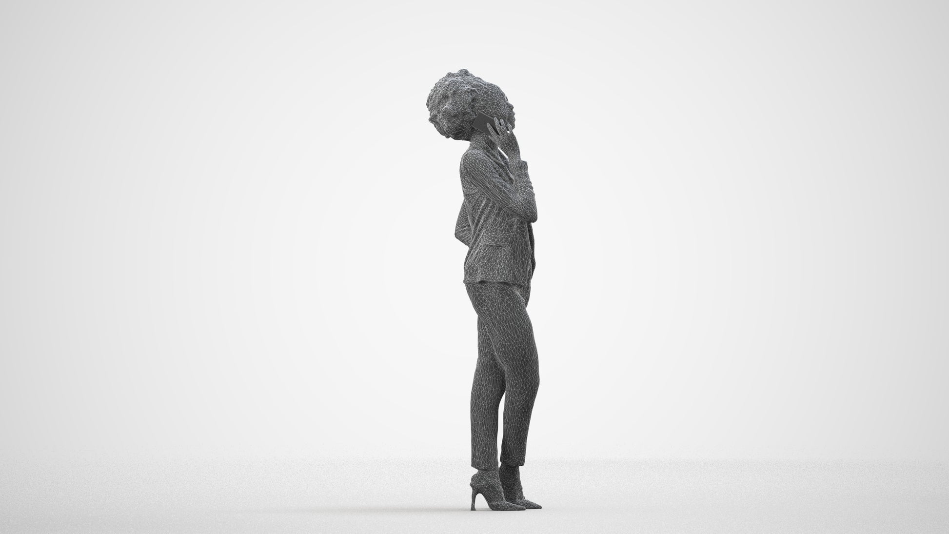realistic 3D woman business standing, scanned archviz people for Blender and 3ds Max, wireframe side view