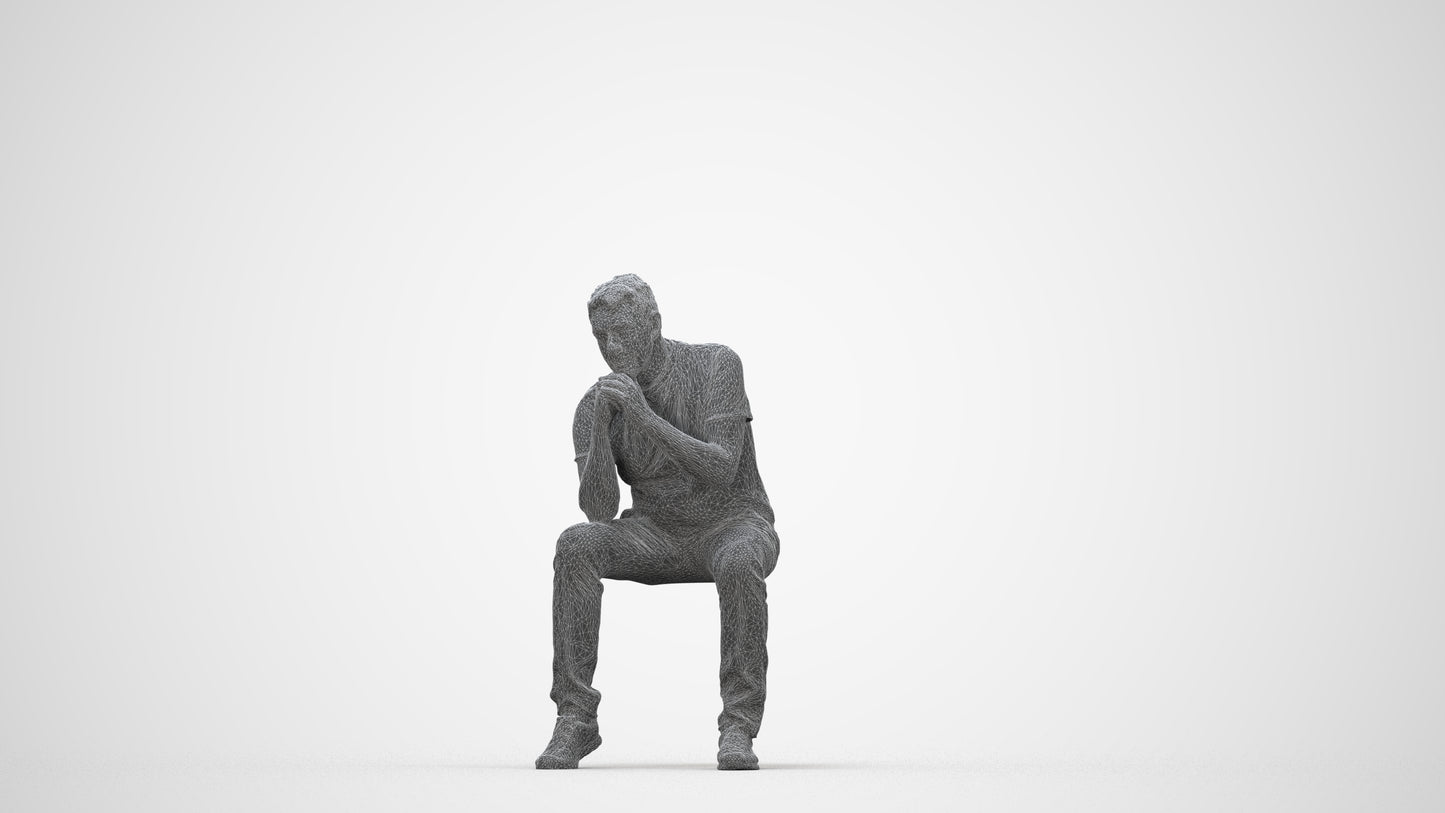 realistic 3D senior man casual sitting, scanned archviz people for Blender and 3ds Max, wireframe back view