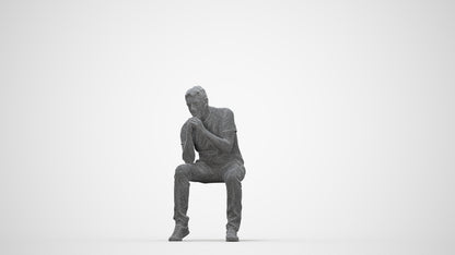 realistic 3D senior man casual sitting, scanned archviz people for Blender and 3ds Max, wireframe back view