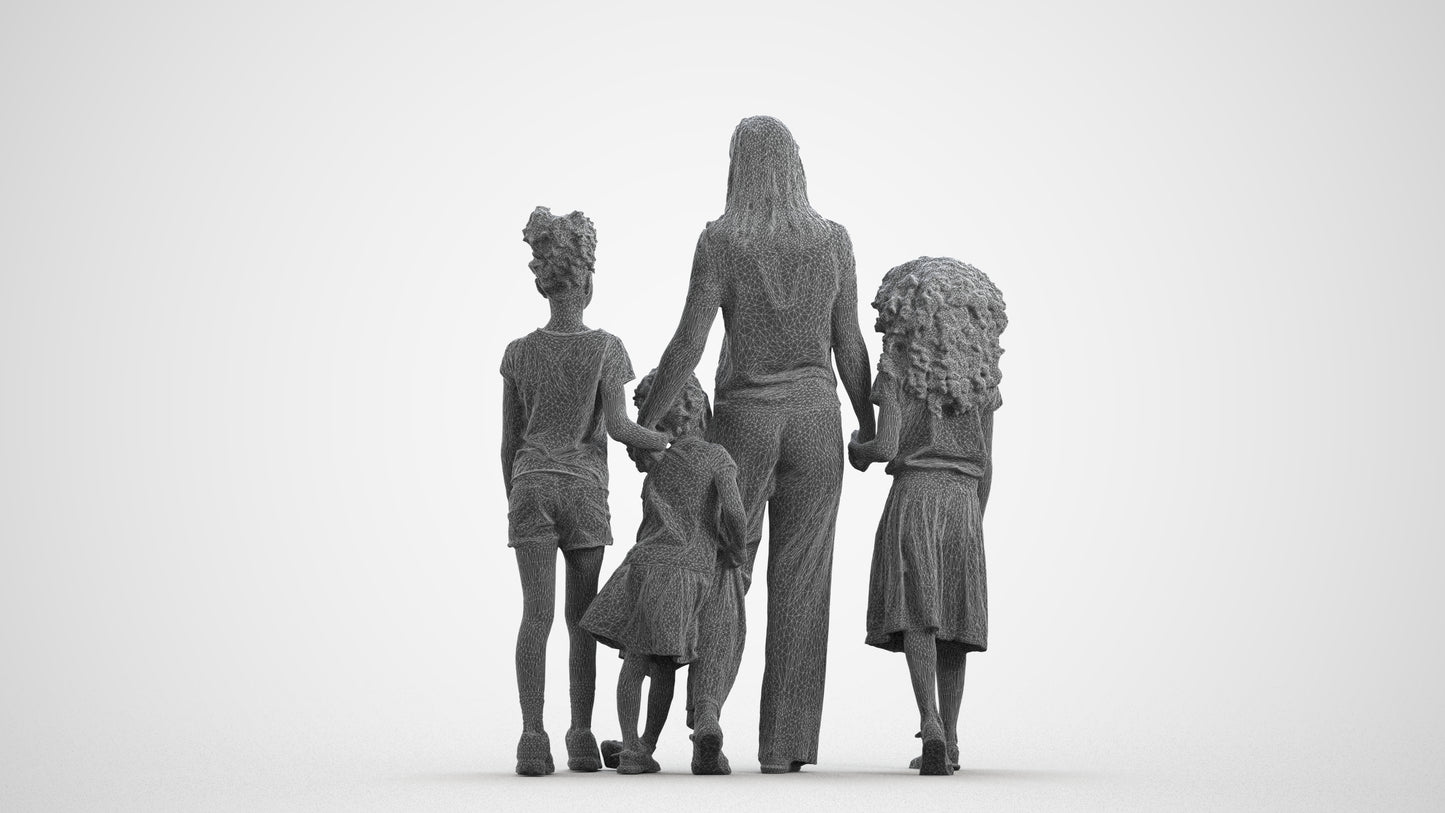 3D scanned girl kids casual, photorealistic archviz people for Enscape and SketchUp, wireframe front view