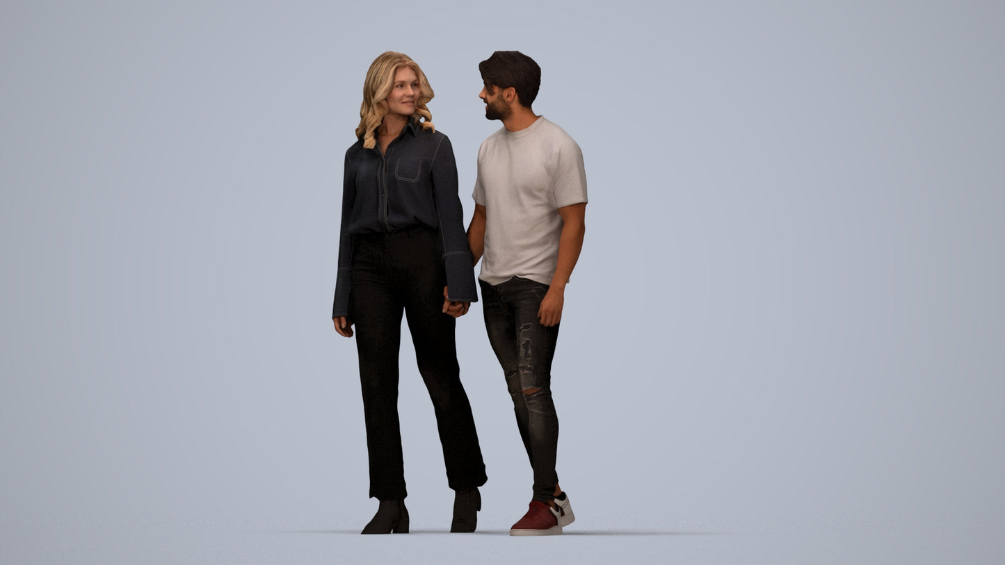 3D human model woman casual couple, photogrammetry scanned person for archviz, top-down view render