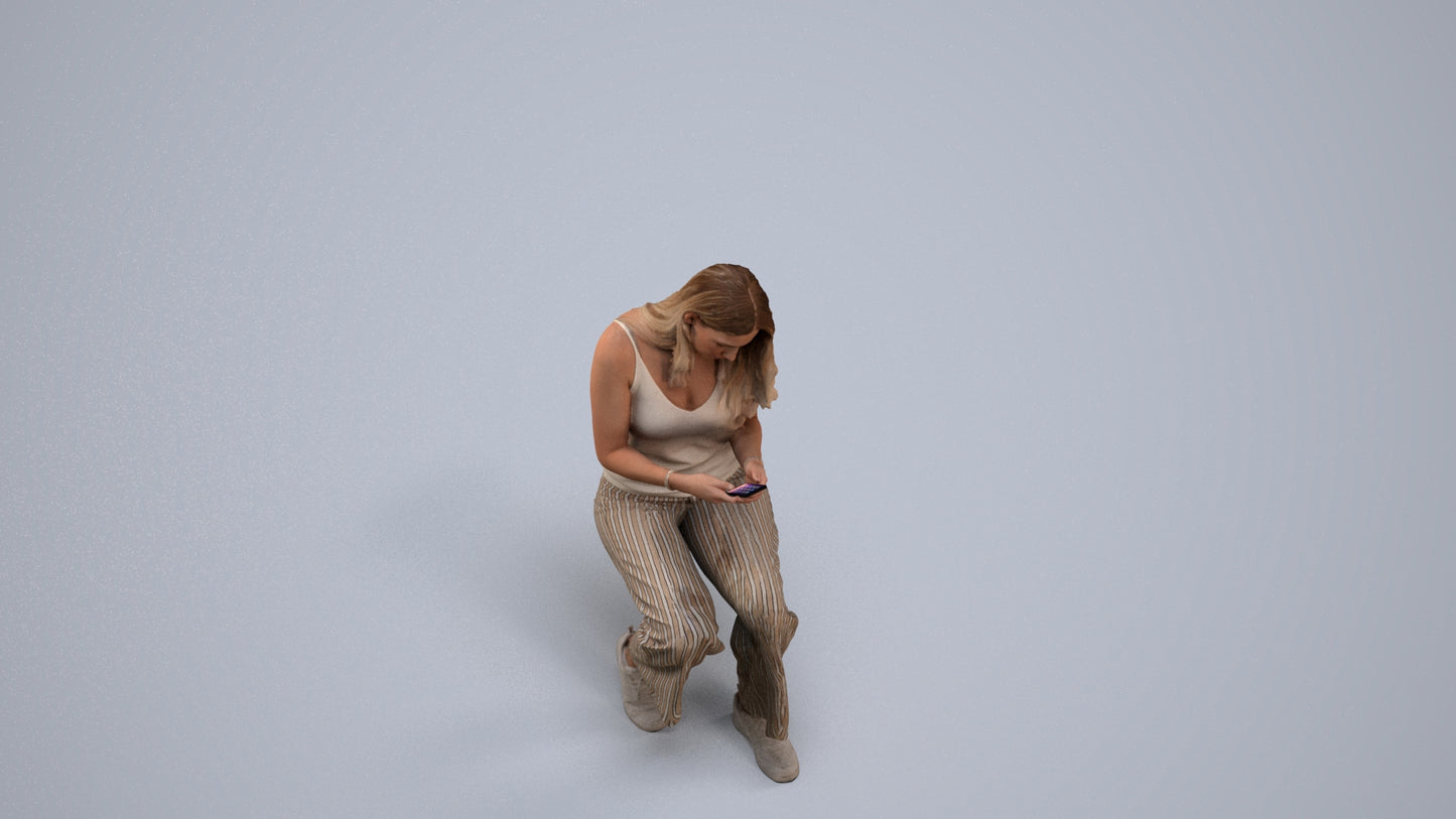 3D human model woman casual sitting, photogrammetry scanned person for archviz, back view render