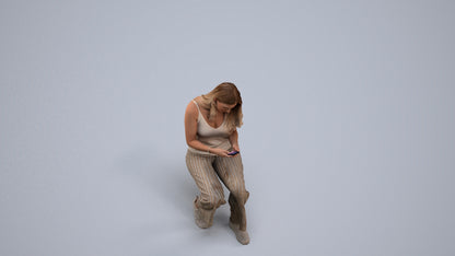 3D human model woman casual sitting, photogrammetry scanned person for archviz, back view render