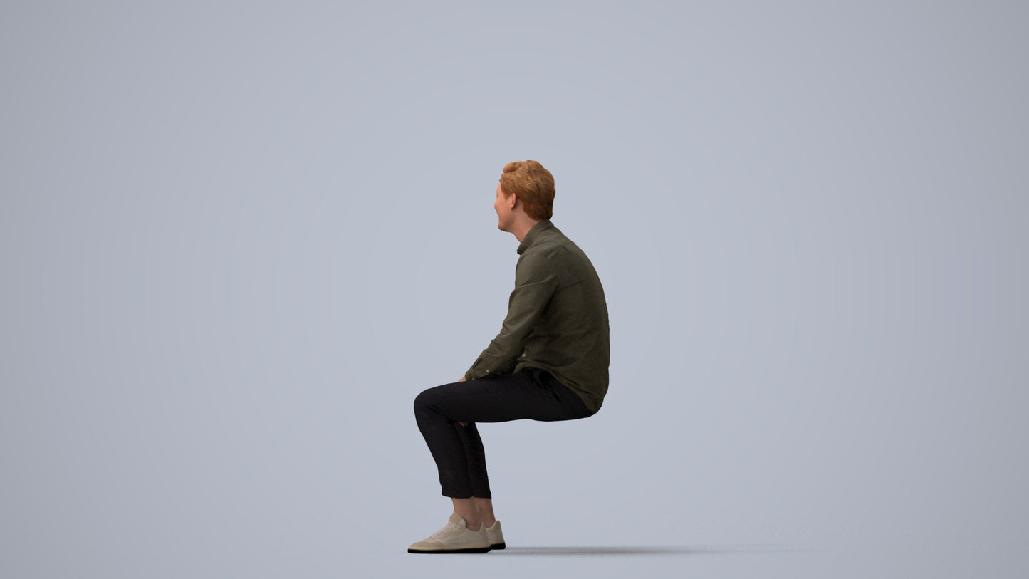 realistic 3D man casual sitting, scanned archviz people for Blender and 3ds Max, three-quarter view render