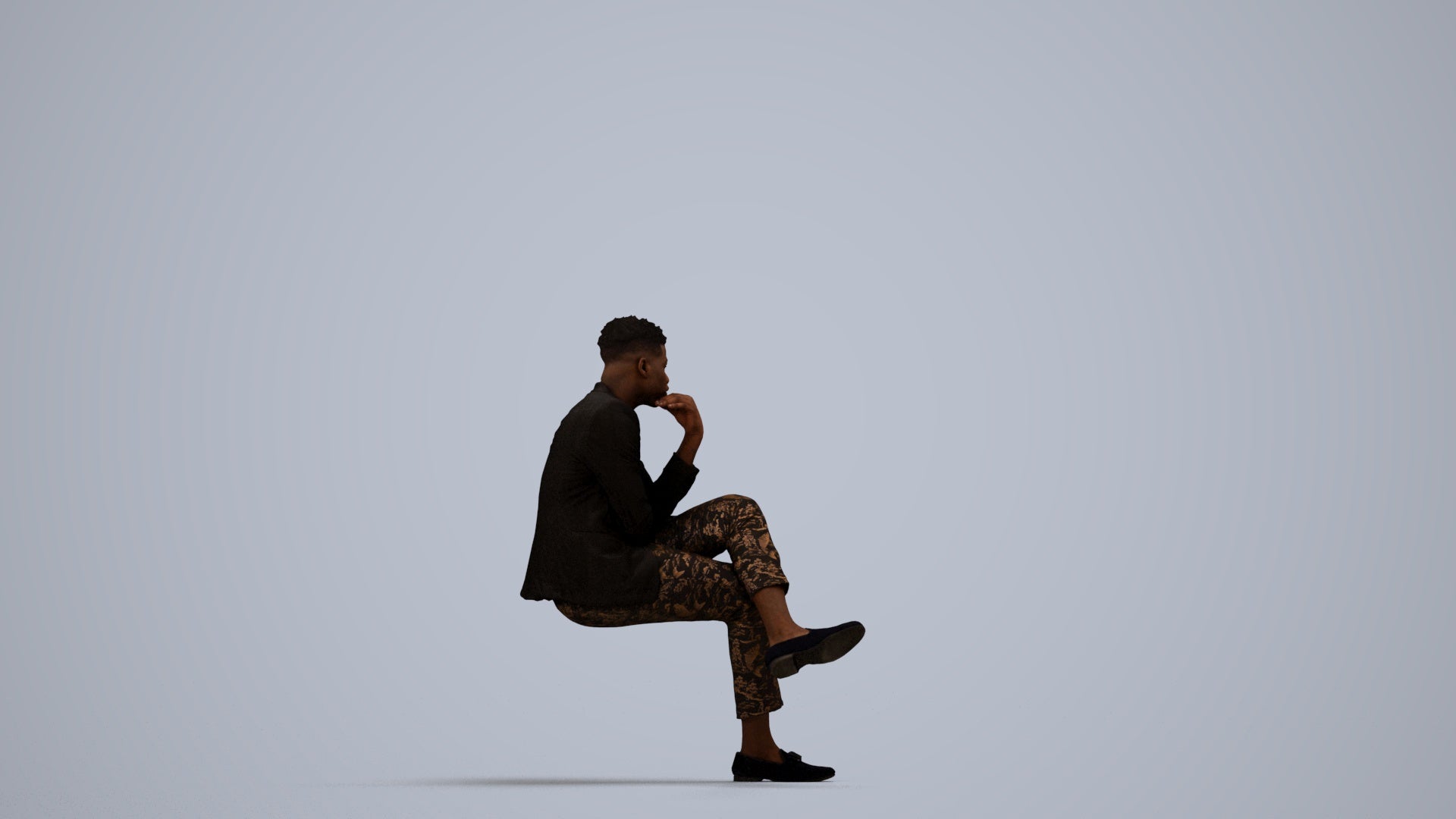 scanned 3D man casual sitting, photogrammetry people for Enscape and V-Ray, side view render