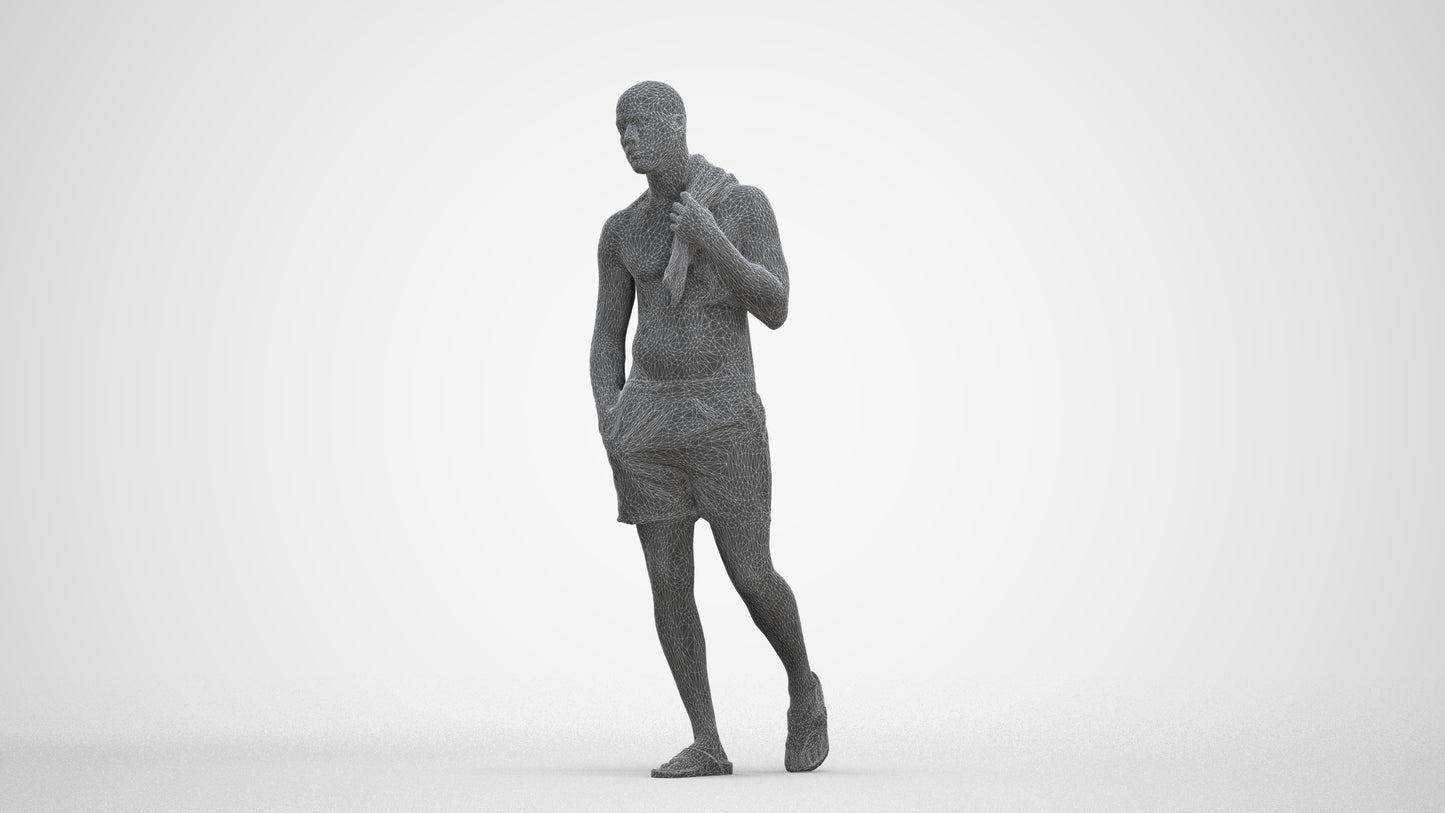 3D human model man pool, photogrammetry scanned person for archviz, three-quarter front view render
