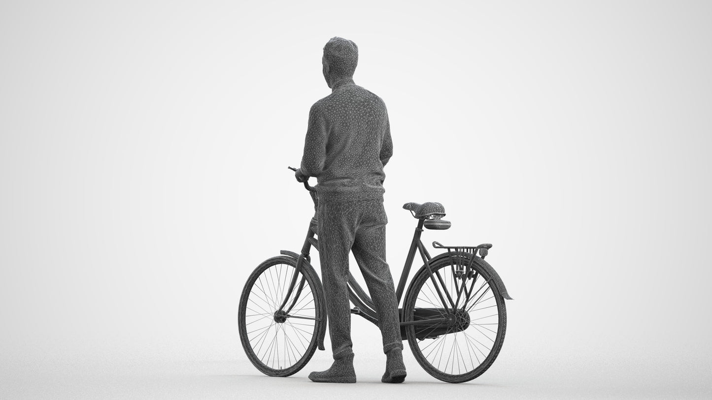 3D people model man casual cycling, scanned human for 3ds Max rendering, wireframe front view