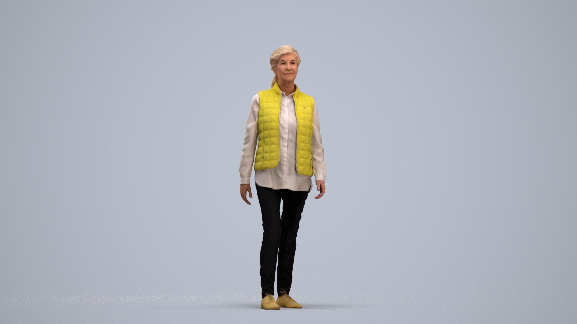 realistic 3D senior woman casual walking, scanned archviz people for Blender and 3ds Max, standing pose render