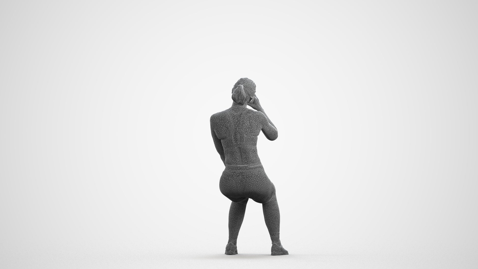 3D human model woman sport, photogrammetry scanned person for archviz, wireframe front view