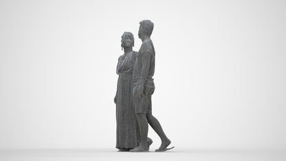 3D human model woman couple, photogrammetry scanned person for archviz, wireframe back view