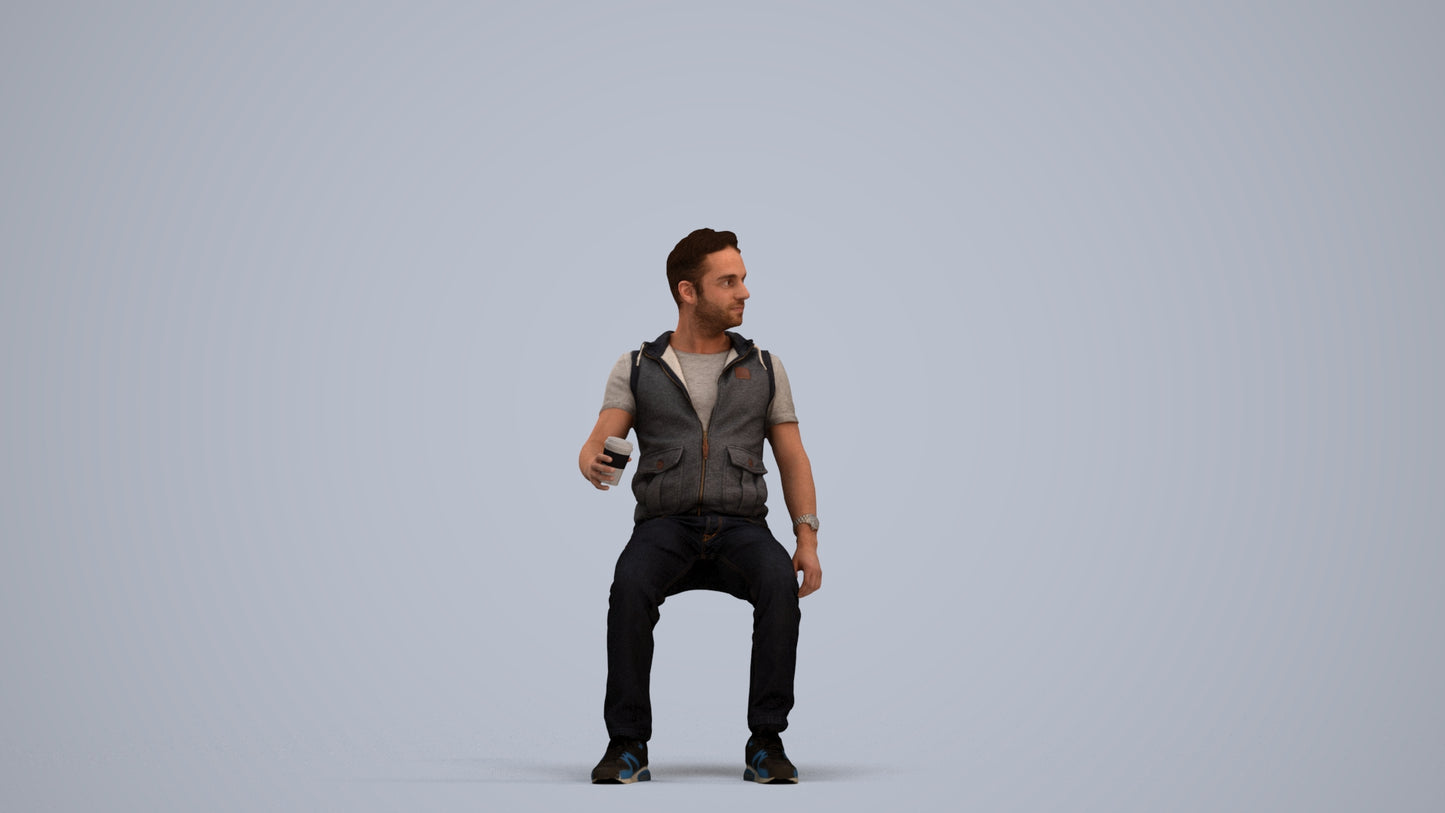 scanned 3D man casual sitting, photogrammetry people for Enscape and V-Ray, standing pose render