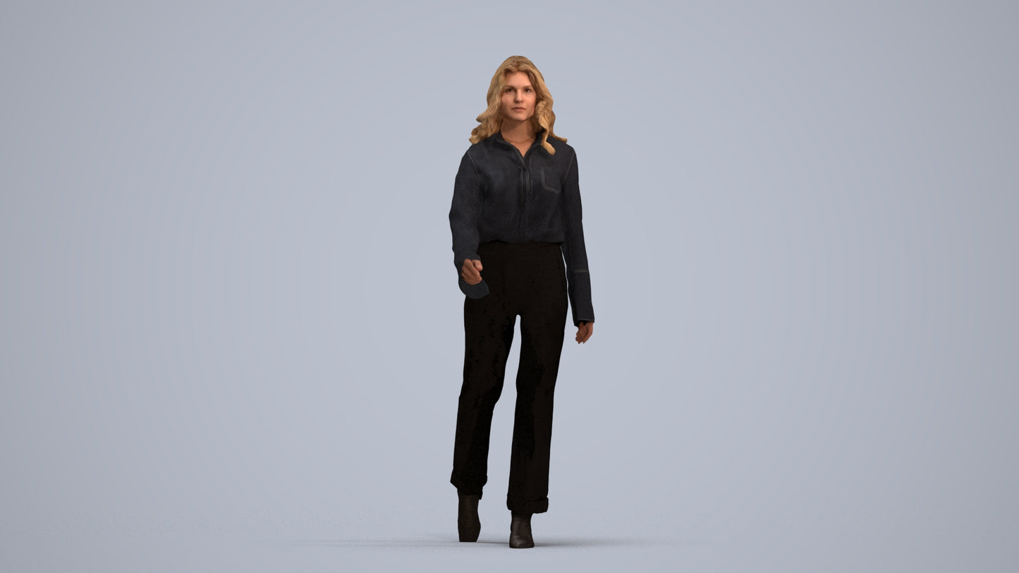 3D human model woman casual walking, photogrammetry scanned person for archviz, standing pose render