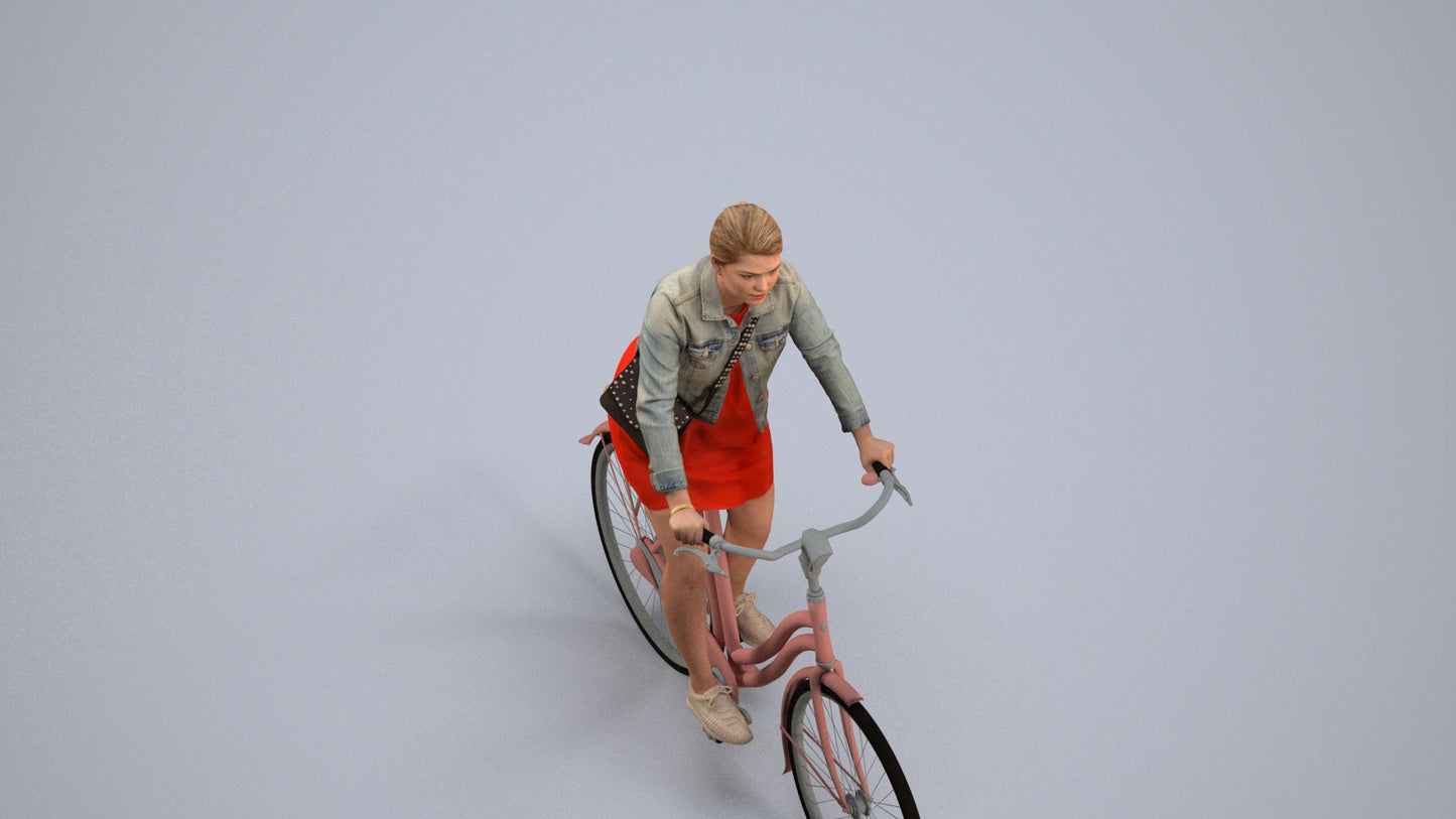 realistic 3D people woman casual cycling, render-ready for V-Ray and Corona, FBX OBJ, back view render