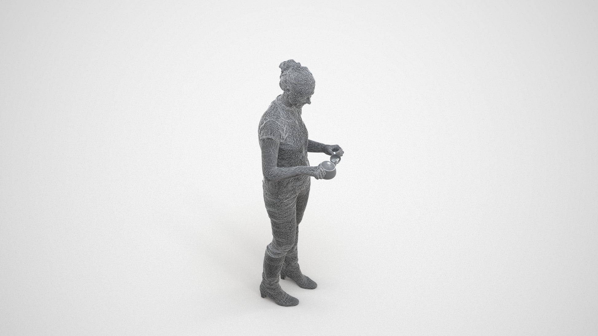 realistic 3D woman casual standing, scanned archviz people for Blender and 3ds Max, wireframe three-quarter view