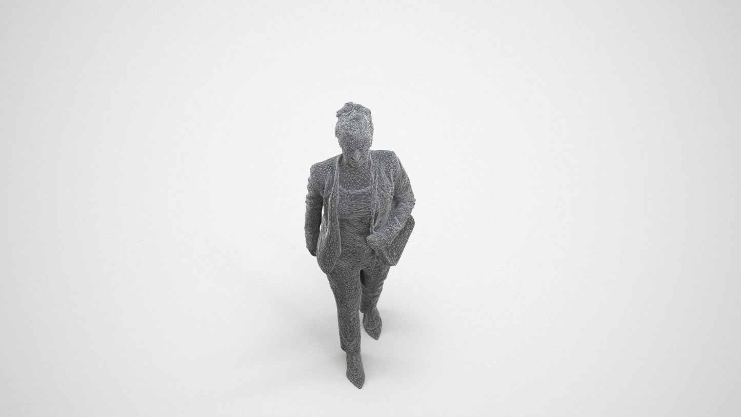 scanned 3D woman business walking, photogrammetry people for Enscape and V-Ray, wireframe three-quarter view