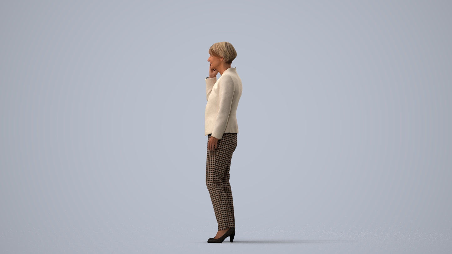 realistic 3D senior woman business standing, scanned archviz people for Blender and 3ds Max, three-quarter view render