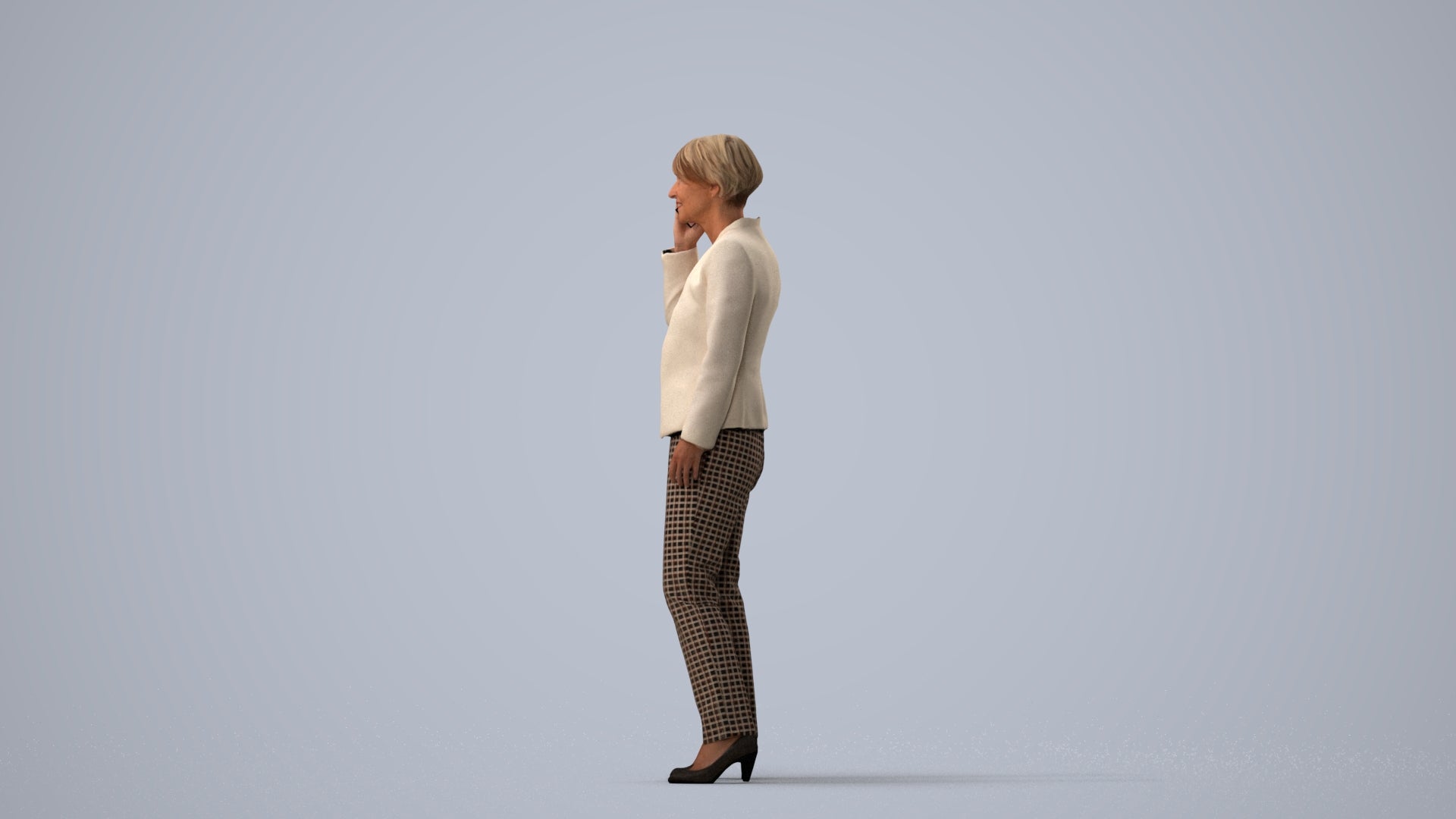 realistic 3D senior woman business standing, scanned archviz people for Blender and 3ds Max, three-quarter view render