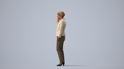 realistic 3D senior woman business standing, scanned archviz people for Blender and 3ds Max, three-quarter view render