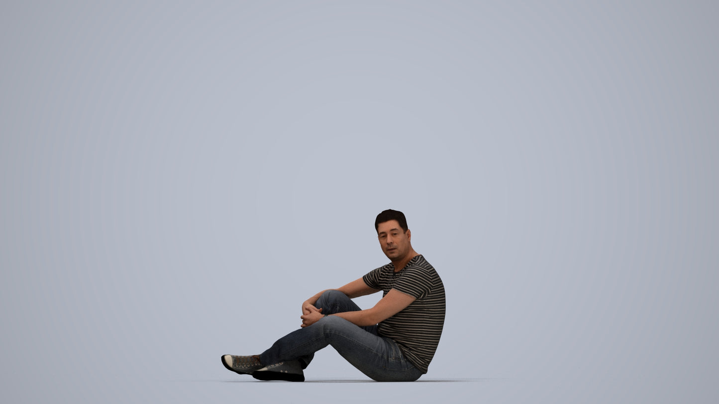 3D people model man casual sitting, scanned human for 3ds Max rendering, top-down view render