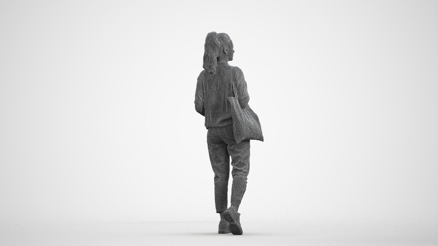 realistic 3D woman casual walking, scanned archviz people for Blender and 3ds Max, wireframe front view