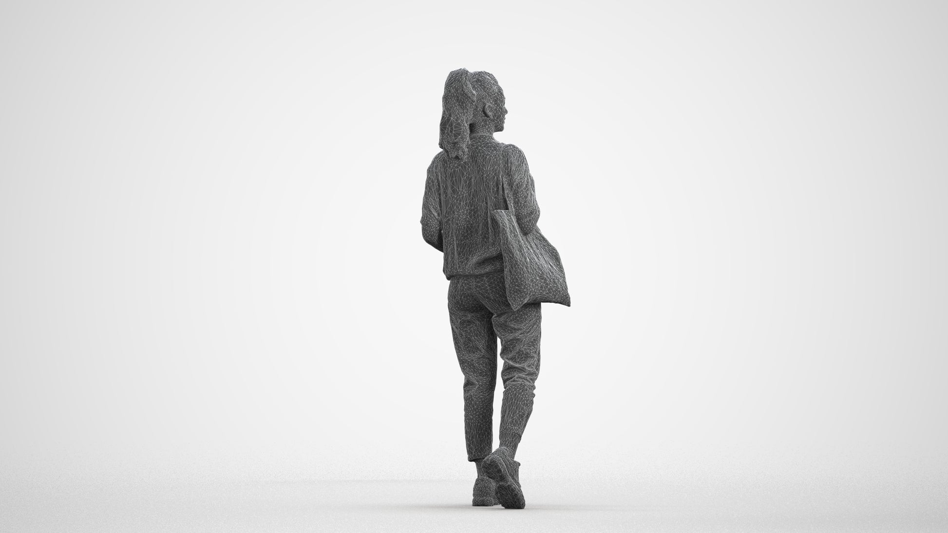 realistic 3D woman casual walking, scanned archviz people for Blender and 3ds Max, wireframe front view